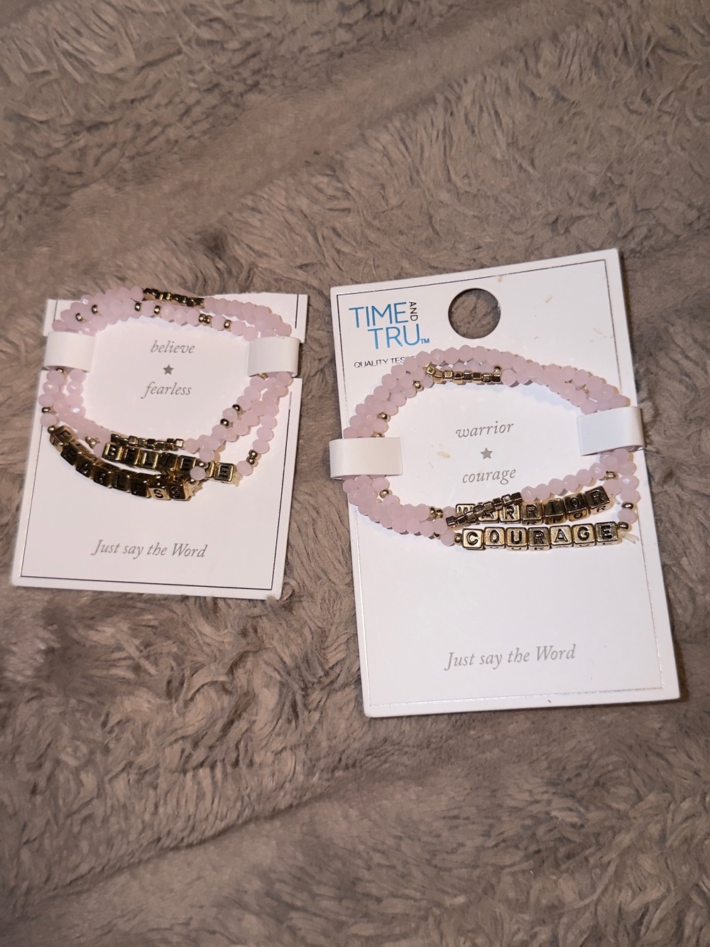 Time and Tru pink beaded inspirational word bracelet set fearless believe